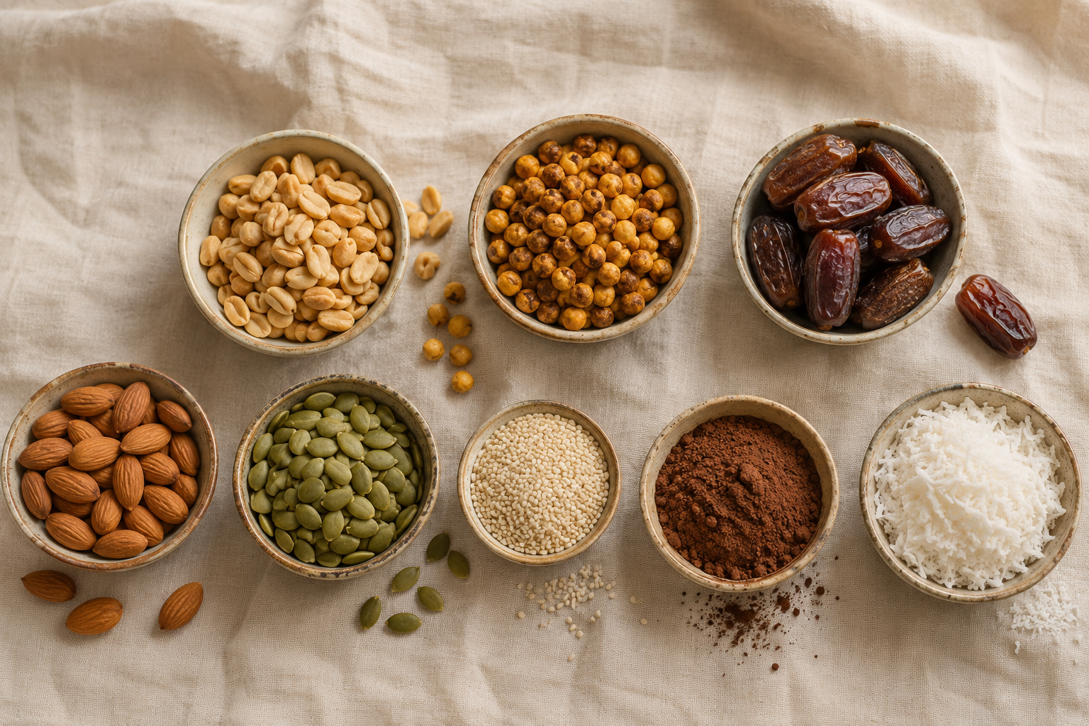 Illustrative top-down arrangement of peanuts, roasted chana, dates, almonds, pumpkin seeds, sesame, cocoa and coconut